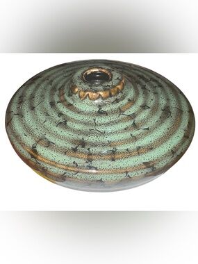 Vintage MCM Studio Pottery UFO Disk Vase - Speckled Green & Brown Glaze